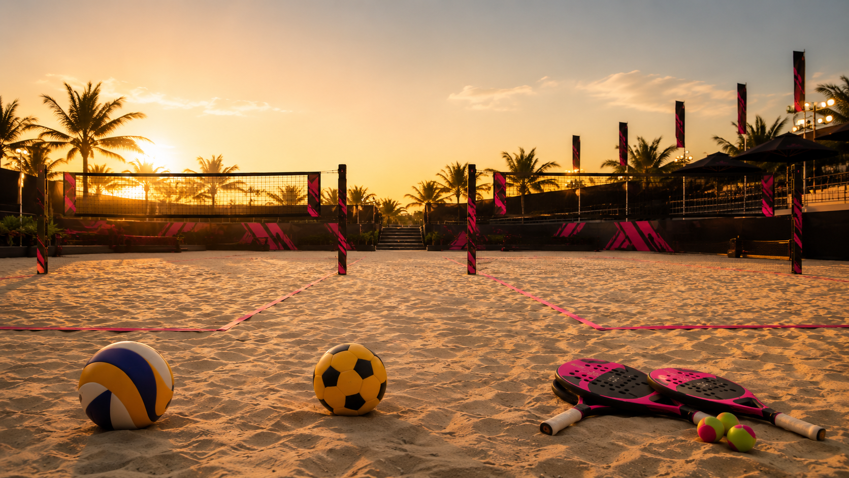 Quadras de areia da Liga dos Amigos ao pôr do sol, com bola de vôlei, bola de futevôlei e raquetes de beach tennis
